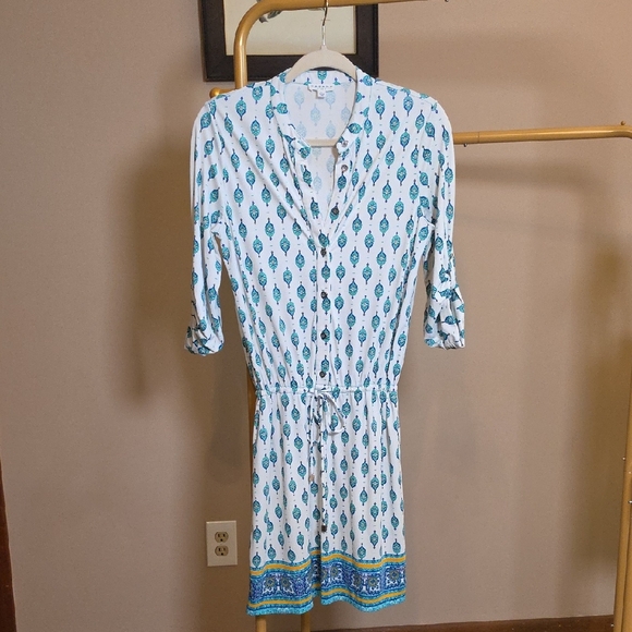 Cabana Life Dresses & Skirts - Cabana Life White Coverup Or Dress with Teal Print and Blue Border